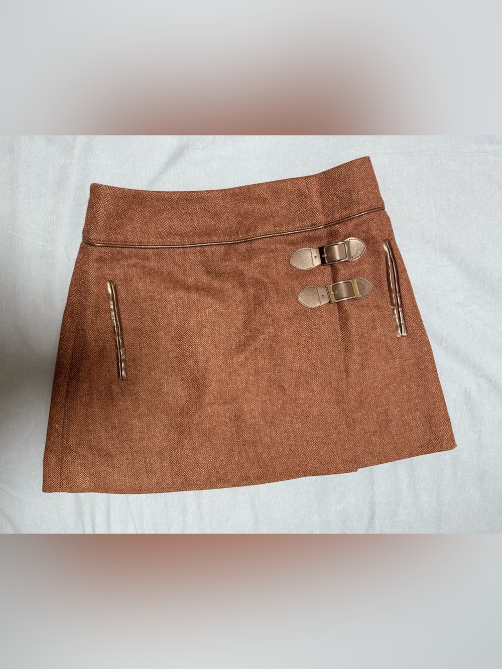 NWT Forever 21 Brown Herringbone Wool Blend Mini Kilt Skirt Buckle Accent S